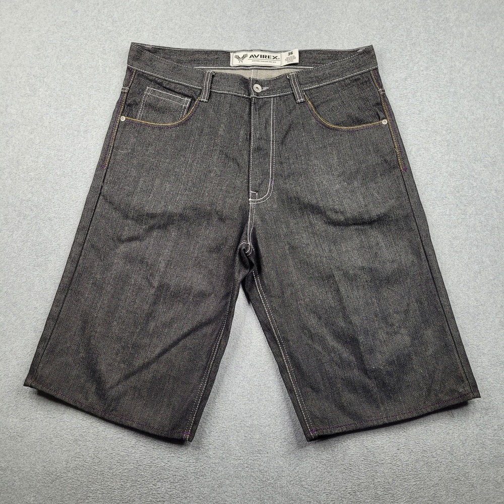 Avirex‎ Denim Shorts Mens 36x14 Black Embroidered Baggy Y2K Hip Hop Jean Shorts